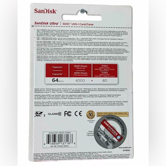 SanDisk 64GB Ultra SDXC UHS-I Memory Card - 80MB/s, C10, U1, Full HD - New - Picture 2 of 2